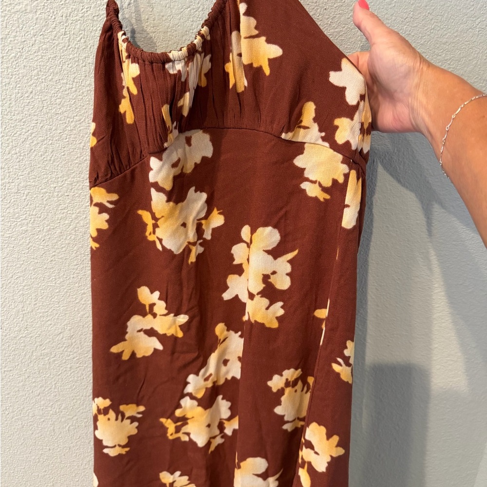 Brown Floral Spaghetti Strap Slip Dress with Cream and Yellow Flowers